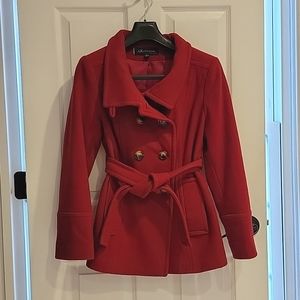 Cranberry red AK Anne Klein wool belted peacoat, size S.